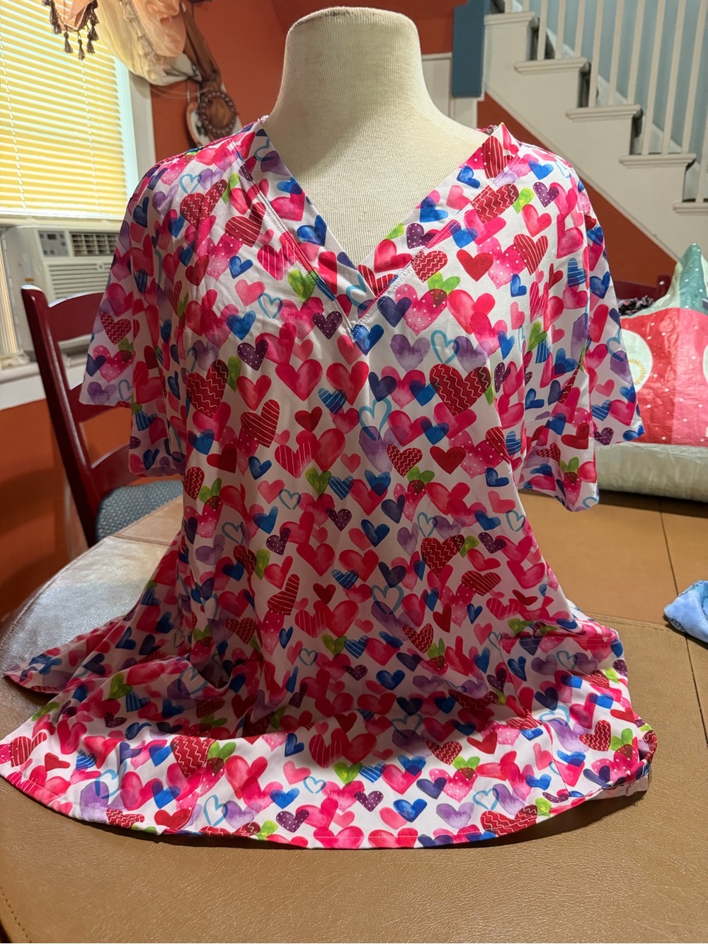 Heart-Print Pink V-Neck Women’s Scrub Top